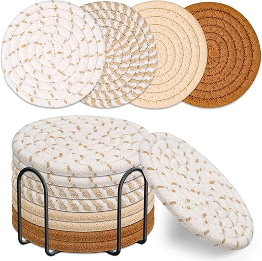 Mckanti Drink Coasters Set of 8 – Absorbent Cotton Woven Coasters in 4 Colors, 4.3" Minimalist Coaster Set for Drinks, Living Room & Fall Home Décor