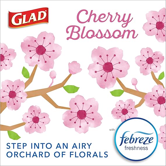 Glad OdorShield Drawstring Trash Bags – 4 Gallon, Febreze® Cherry Blossom, 34-Count | Odor-Resistant with Drawstring