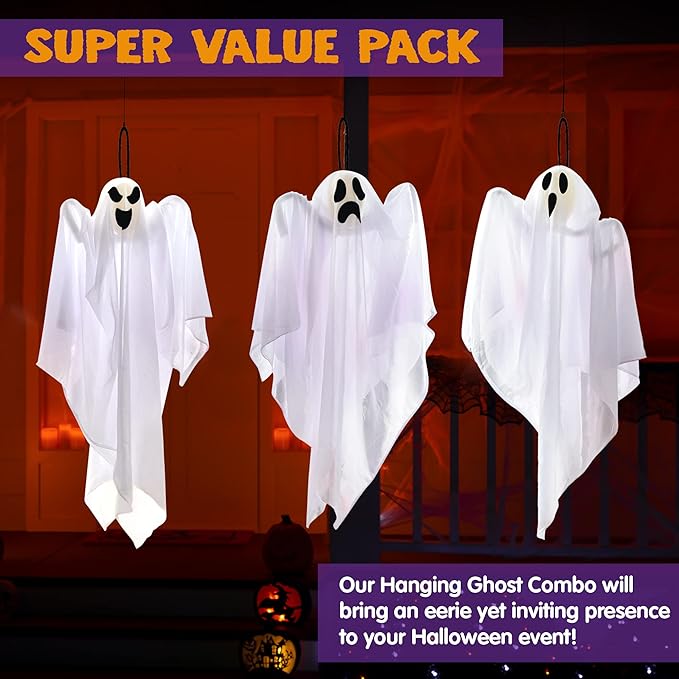 JOYIN 3-Pack Hanging Ghosts – 27.5″ Cute Flying Halloween Decorations for Yard, Patio, Garden & Party Décor