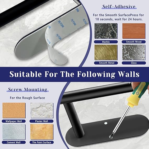 Paper Towel Holder – Self Adhesive or Drilling, Black Stainless Steel Under Cabinet or Wall Mount