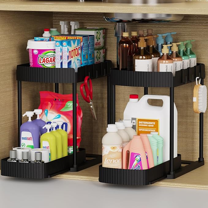 2 Pack Multi-Purpose Pull-Out Storage Organizers – 12.8 in, Black | Under-Sink & Cabinet Storage Solution
