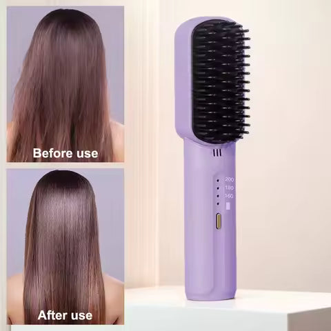 Cordless Electric Hot Comb Rechargeable Portable Straightening Brush Anti-Scald Hair Straightener Comb 3 Temp Settings for Women