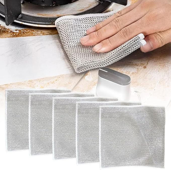 Multipurpose Wire Dishwashing Rags – 2024 Non-Scratch Reusable Metal Wire Dishcloths for Wet & Dry Cleaning – Heavy Duty Scrubbing Cloths for Kitchen Cooktops & Home (5 Pack)