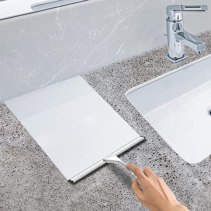 All-Purpose Stainless Steel Shower Squeegee – 10 Inch Bathroom & Window Glass Cleaner with 2 Adhesive Hooks, Silver Mirror & Tile Cleaning Tool for Shower Doors, Car & Household Surfaces