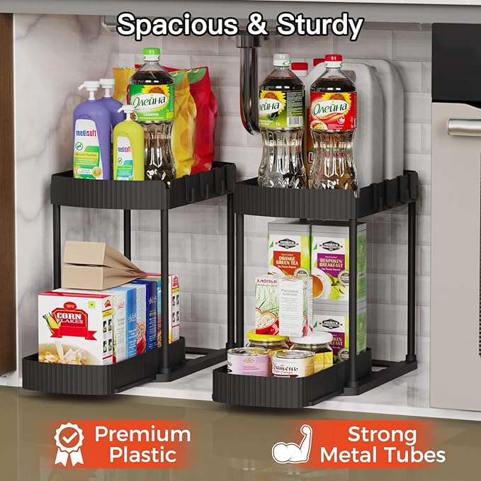 2 Pack Multi-Purpose Pull-Out Storage Organizers – 12.8 in, Black | Under-Sink & Cabinet Storage Solution