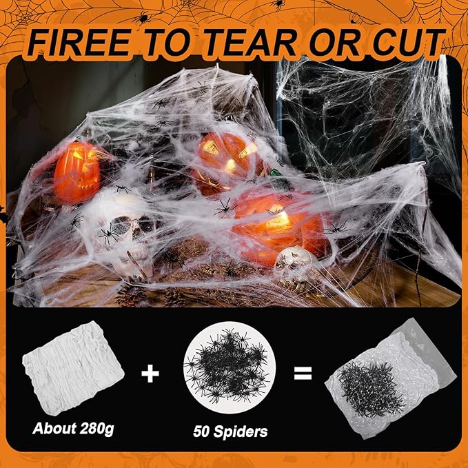 Land Guard 1000 sq ft Stretch Spider Web + 50 Fake Spiders | Indoor/Outdoor Halloween Cobweb Decor