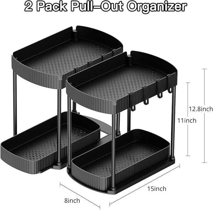 2 Pack Multi-Purpose Pull-Out Storage Organizers – 12.8 in, Black | Under-Sink & Cabinet Storage Solution