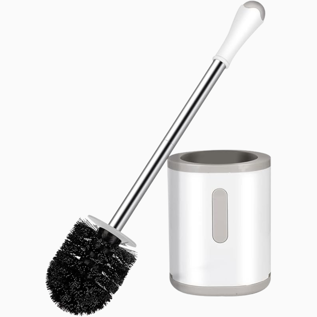 Compact Toilet Brush & Holder – Space-Saving Bathroom Cleaning Tool with Stainless Steel Handle, Drip-Proof Storage & Deep Cleaning Nylon Bristles (White & Grey)