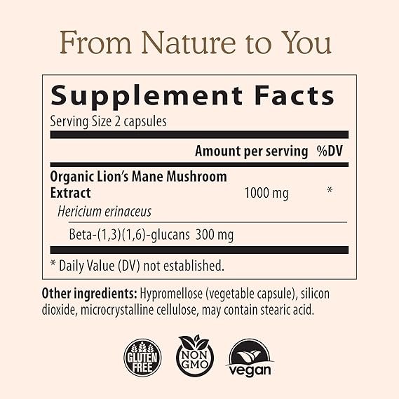 Supplement facts label for Organic Lion's Mane Mushroom Extract on a beige background
