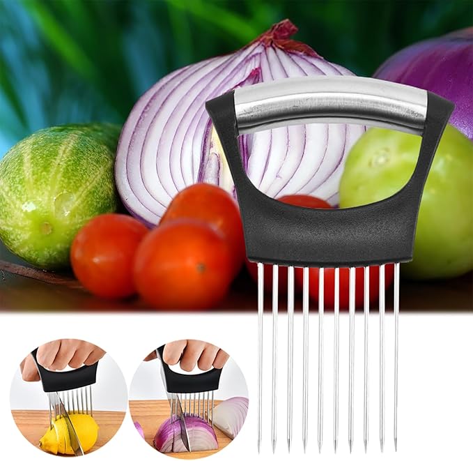 Onion Holder for Slicing – 2025 Upgraded Stainless Steel Vegetable Cutter & Lemon Slicer | Multi-Purpose Kitchen Chopper Tool for Onions, Tomatoes, Potatoes, Avocados, Eggs & Meat