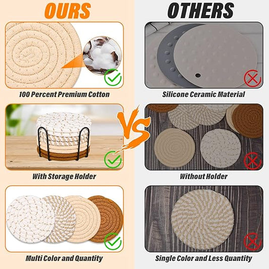 Mckanti Drink Coasters Set of 8 – Absorbent Cotton Woven Coasters in 4 Colors, 4.3" Minimalist Coaster Set for Drinks, Living Room & Fall Home Décor