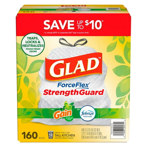 Glad® ForceFlex Tall Kitchen Drawstring Trash Bags, Gain Original scent with Febreze Freshness, 13 Gallon, 160 ct.