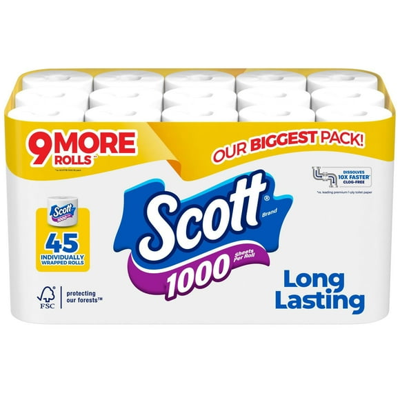 Scott 1000 1-Ply Toilet Paper 45 rolls, 1,000 sheets/roll