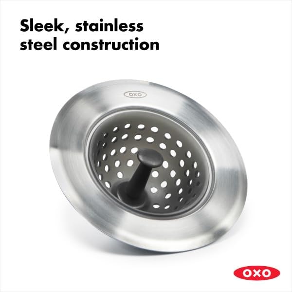 OXO Good Grips Silicone Sink Drain Strainer – Flexible, Easy-to-Clean Kitchen Sink Protector with Stainless Steel Edge, Rust-Resistant & Dishwasher Safe